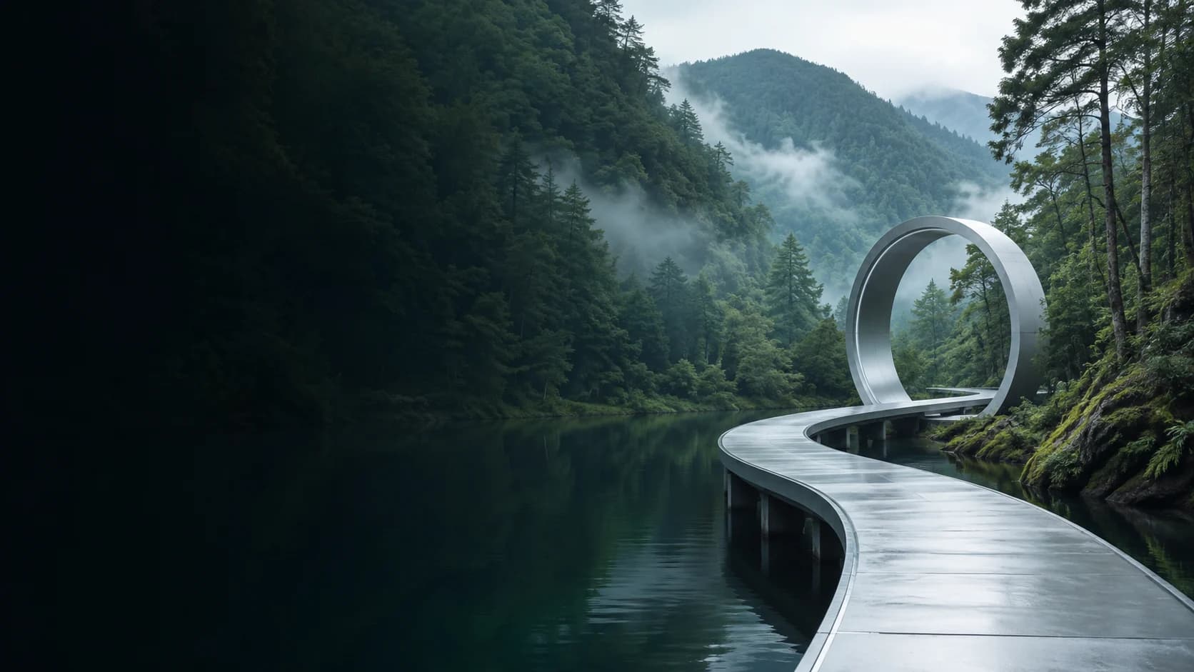 A curved walkway crossing a quiet lake toward an open gateway in a green mountain valley